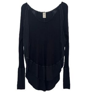 We The Free People Black Waffle Thermal Long Sleeve Tunic Top Boho Ribbed Small
